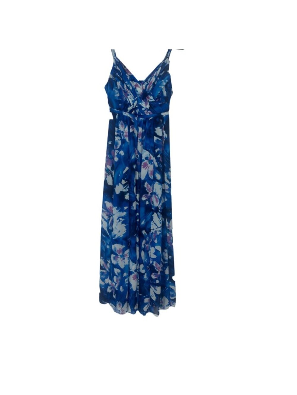 Robbie Bee Maxi Dress 8 Cobalt Blue Abstract Floral Pleated V Neck Summer Boho